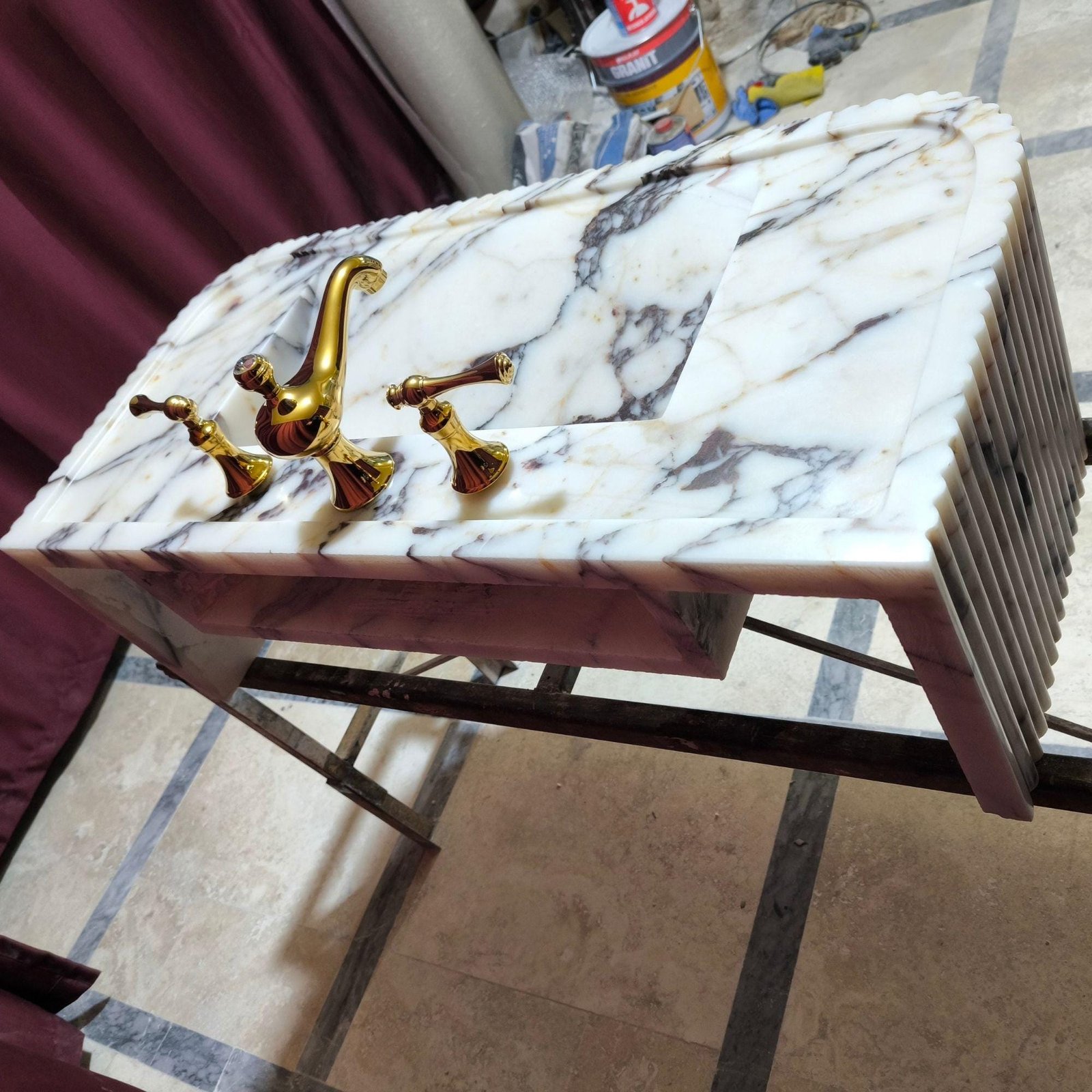 Calacatta Viola Marble Sink: Ribbed Wall Mounted Floating Vanity - Image 8