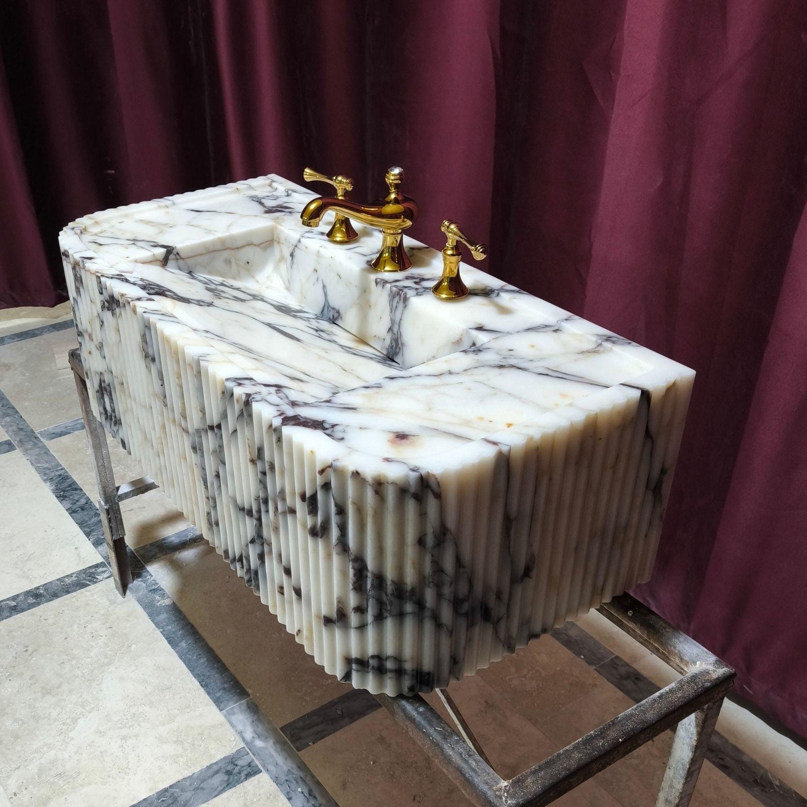 Calacatta Viola Marble Sink: Ribbed Wall Mounted Floating Vanity - Image 3