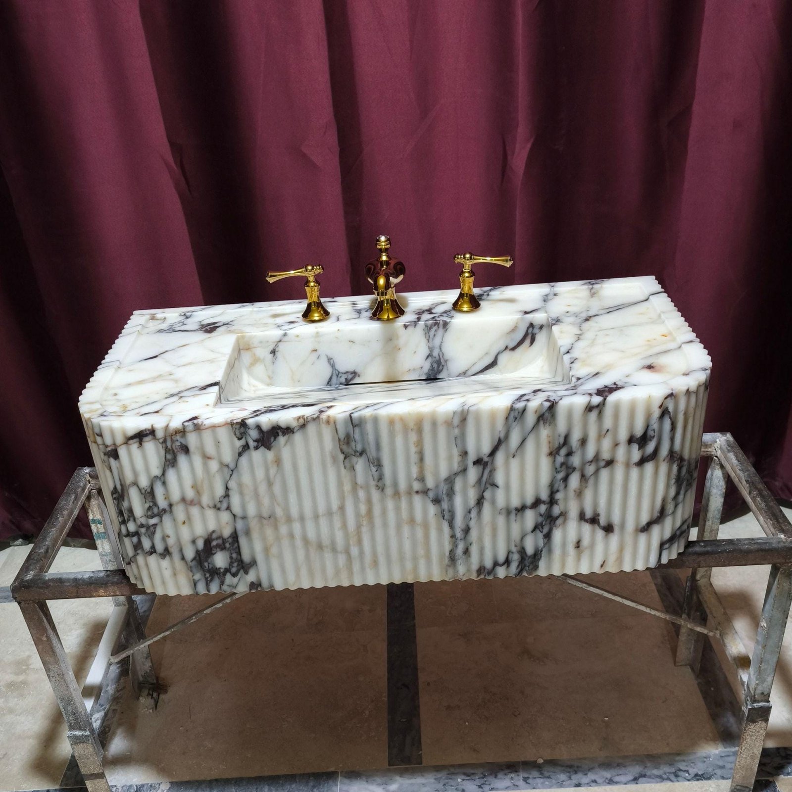 Calacatta Viola Marble Sink: Ribbed Wall Mounted Floating Vanity - Image 6