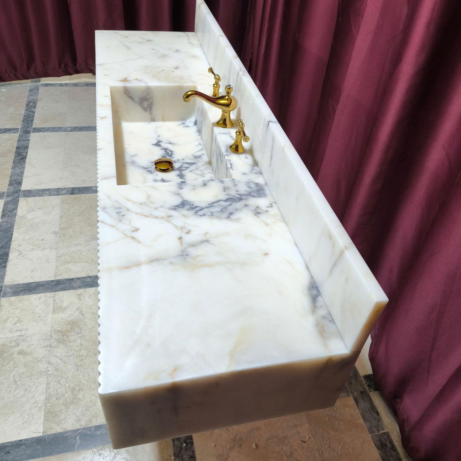 Calacatta Gold Marble Wall Mounted Sink Large Bathroom Vanity with Backsplash - Image 6