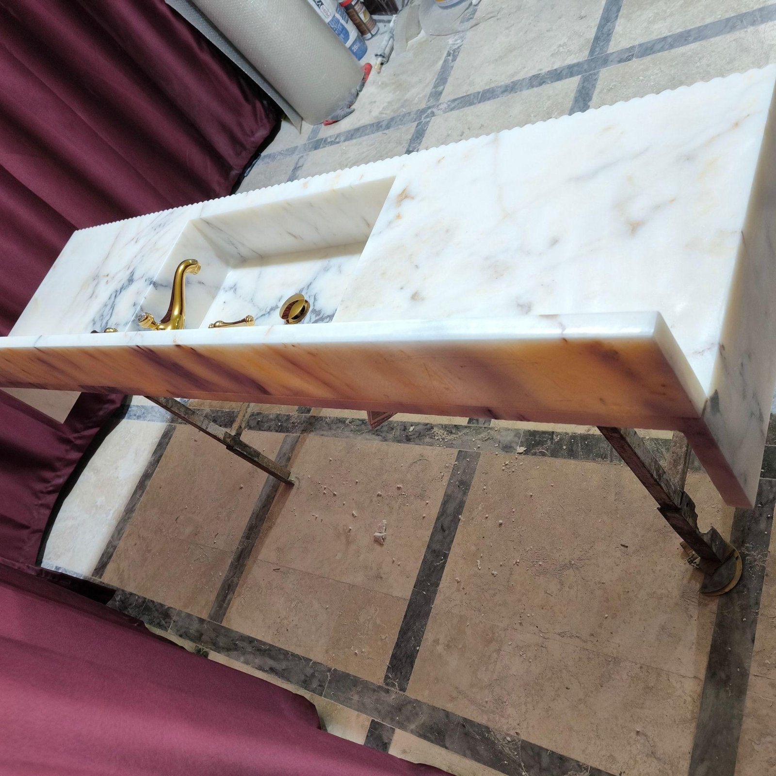 Calacatta Gold Marble Wall Mounted Sink Large Bathroom Vanity with Backsplash - Image 9