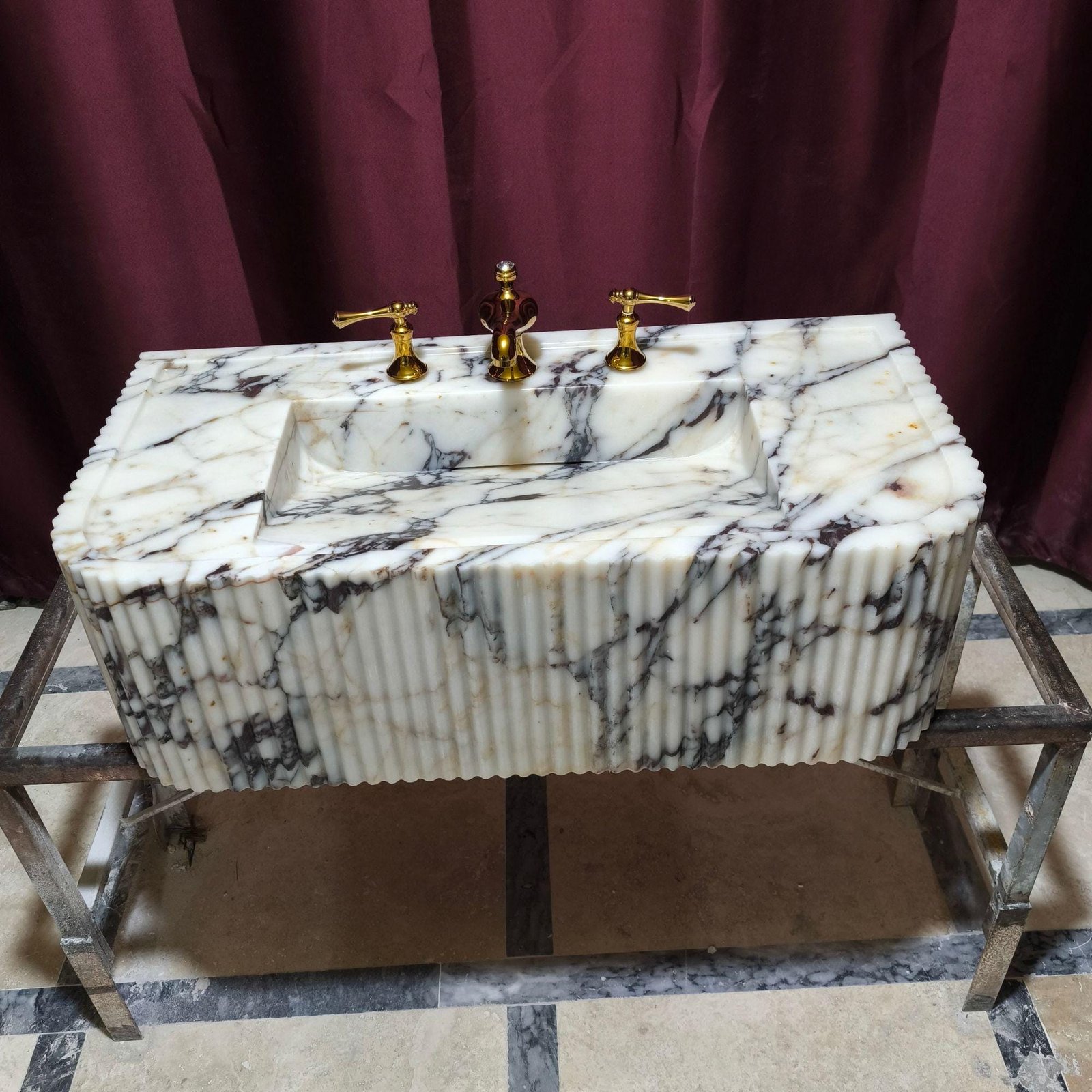 Calacatta Viola Marble Sink: Ribbed Wall Mounted Floating Vanity - Image 2