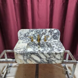 Hand-Carved Calacatta Viola Marble Sink: Grooved Front, Round Corner