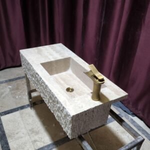 Natural Travertine Wall Mount Sink: Blasted Stone Design, Modern Bathroom Vanity