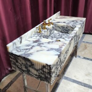 Hand-Carved Viola Marble Sink: Calacatta Grooved Vanity with Backsplash