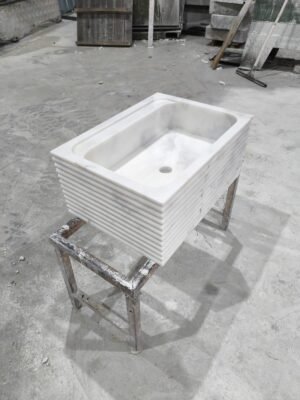 White Marble Vessel Sink: Rectangular Polished Stone Bathroom Basin