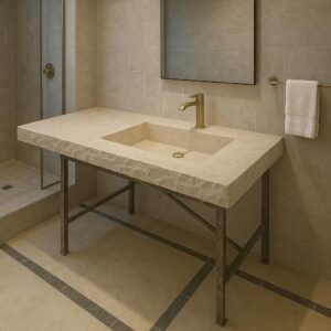 Handmade Travertine Countertop Sink: Rustic Carved Basin Vanity (24x52x7)