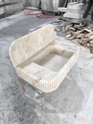 Calacatta Gold Marble Sink with Backsplash: Hand-Carved Fluted Stone Vanity