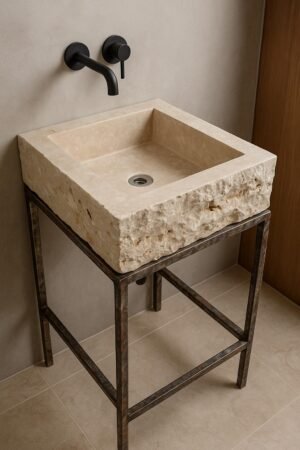 Handcrafted Travertine Stone Sink: Rustic Square Vessel Basin, 19x19x6"