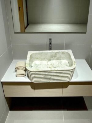 Handmade Green Marble Sink: Fluted Stone Basin for Minimalist Interiors