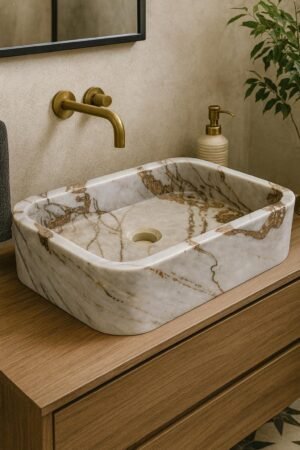 Rectangular Grey Marble Sink: Modern Stone Bathroom Basin with Natural Veining