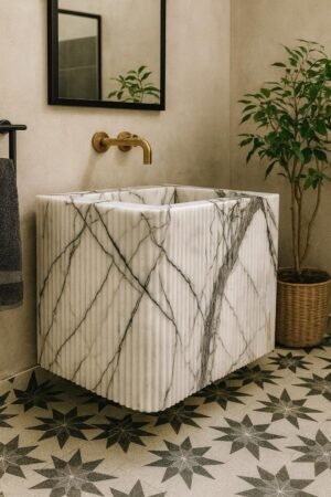 Handcrafted Fluted Marble Sink: White & Gray Stone Bathroom Vanity