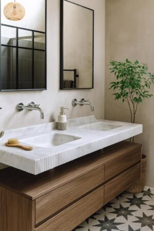 Turkish Sugar Marble Double Sink Vanity: Handcrafted White & Gold Bathroom Countertop