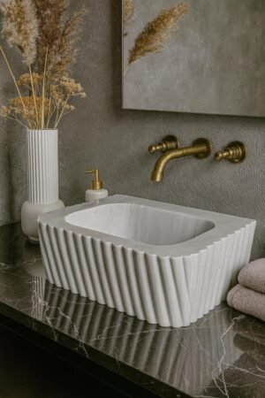 Handcrafted Carrara Marble Sink: Fluted Edge Vanity Basin