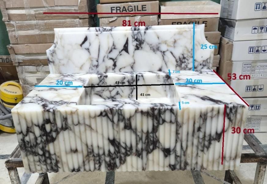 Hand-Carved Calacatta Viola Marble Sink: Fluted Front, Wall Mounted - Image 9