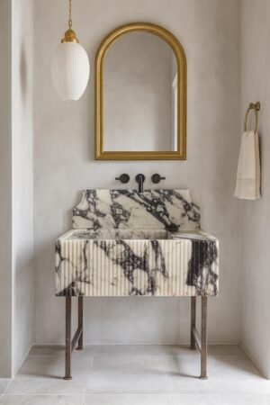Calacatta Viola Marble Sink: Fluted Stone Vanity with Backsplash
