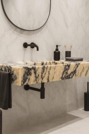 Calacatta Viola Fluted Marble Sink – Handmade Stone Vanity for Luxury Modern Bathrooms