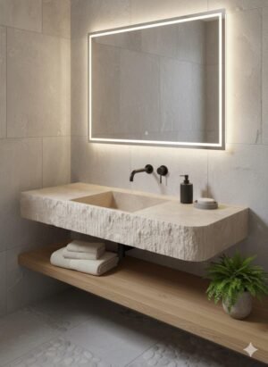 Travertine Marble Sink – Double Basin Vanity Top with Textured Front for Modern Bathrooms