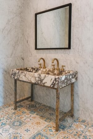 Calacatta Viola Marble Sink – Double Faucet Vanity Top with Bold Natural Veining