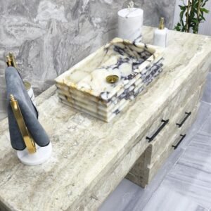 Calacatta Viola Marble Sink – Rectangular Small Vessel Basin with Gold Drain, 12x20x5”