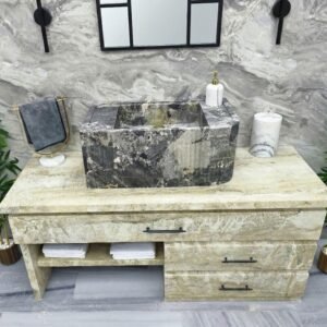 Hand-Carved Grey Marble Sink – Rectangular Ribbed Stone Vessel 39x12x16"