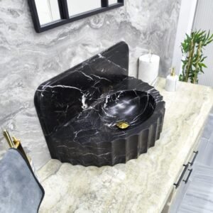 Nero Marquina Marble Sink – Rectangular Black Vessel Basin with 9” Backsplash, 16x30x6”