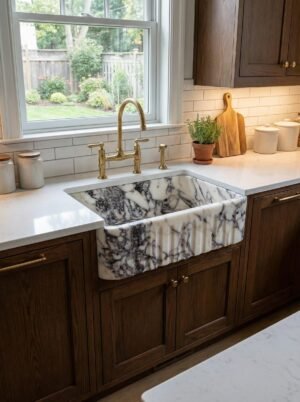 Calacatta Viola Marble Farmhouse Sink – 21x33 Fluted Stone Apron Front Kitchen Basin