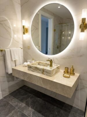 Calacatta Gold Marble Sink – Rectangular Vessel Vanity with Brushed Brass Faucet