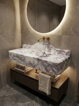 Lilac Marble Sink with Backsplash – Sculpted Stone Vanity for Luxury Bathrooms