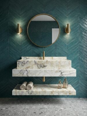 Calacatta Gold Viola Marble Sink and Shelf – Fluted Vanity Set for Bold Interiors