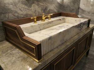 Honed Calacatta Gold Marble Sink – Long Fluted Vanity Basin for Luxury Interiors
