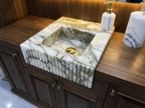 Calacatta Monet Marble Sink – Fluted Front Stone Basin for Elegant Bathroom Spaces