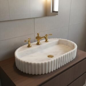 Fluted White Marble Vessel Sink – Oval Stone Basin with Gold Drain