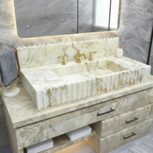 Calacatta Gold Marble Sink – Large Fluted Double Basin with 6” Backsplash, 20x47x6”