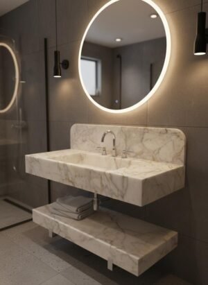 Calacatta Gold Marble Sink – Vanity Top with Tall Backsplash and Warm Veining