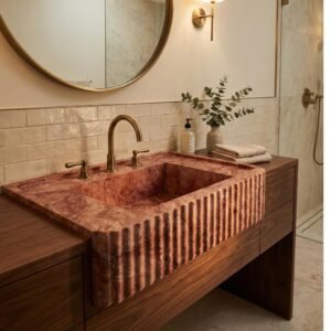 Red Marble Bathroom Sink with Faucet Holes – Handcarved Stone Vanity Basin