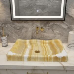 Yellow Onyx Marble Sink – Rectangular Stone Vessel Basin with Gold Drain, 16x28x4”