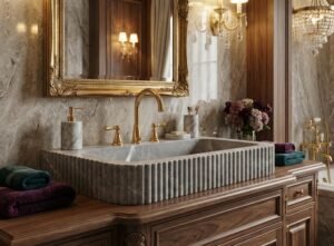 Tundra Gray Marble Sink – Fluted Stone Vanity Basin for Modern Bathrooms