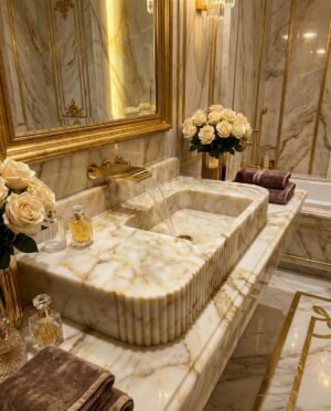 Calacatta Gold Marble Sink with Backsplash Custom Bathroom Vanity