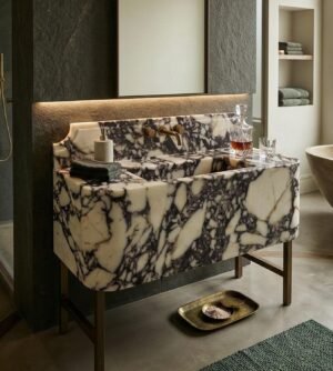 Calacatta Viola Marble Sink: Modern Sculptural Stone Vessel with Backsplash