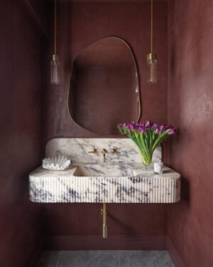 Calacatta Viola Marble Vanity Sink Fluted Integrated Basin with Backsplash