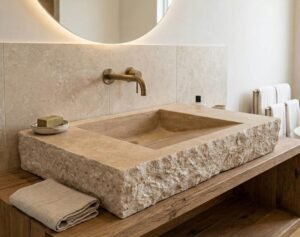 Handmade Rustic Travertine Sink: Natural Stone Vanity, Textured Edge