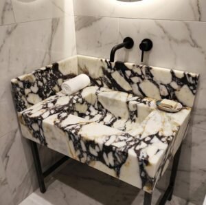 Calacatta Viola Marble Vanity Sink with Backsplash – 28" Luxury Stone Wash Basin