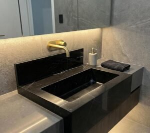 Nero Marquina Marble Sink with Backsplash: Modern Black Stone Vanity Basin