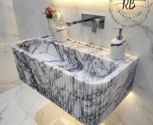 Lilac Marble Bathroom Sink: Hand-Carved Ribbed Edges, Round Corners
