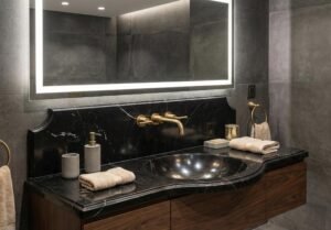 Nero Marquina Marble Sink: Curved Black Vanity Basin with White Veins