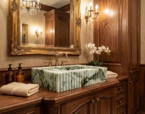 Calacatta Monet Marble Sink: 33" Fluted Stone Bathroom Vanity