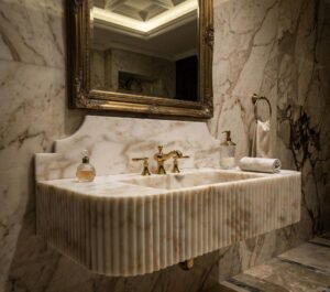 Calacatta Gold Marble Wall Mount Sink 42 Inch Fluted Vanity