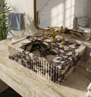 Calacatta Viola Marble Vessel Sink Fluted Square Bathroom Basin