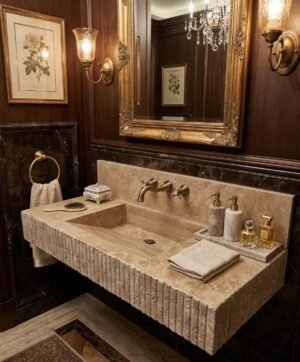 Travertine Marble Wall Sink Integrated Backsplash Rectangular Vanity Basin